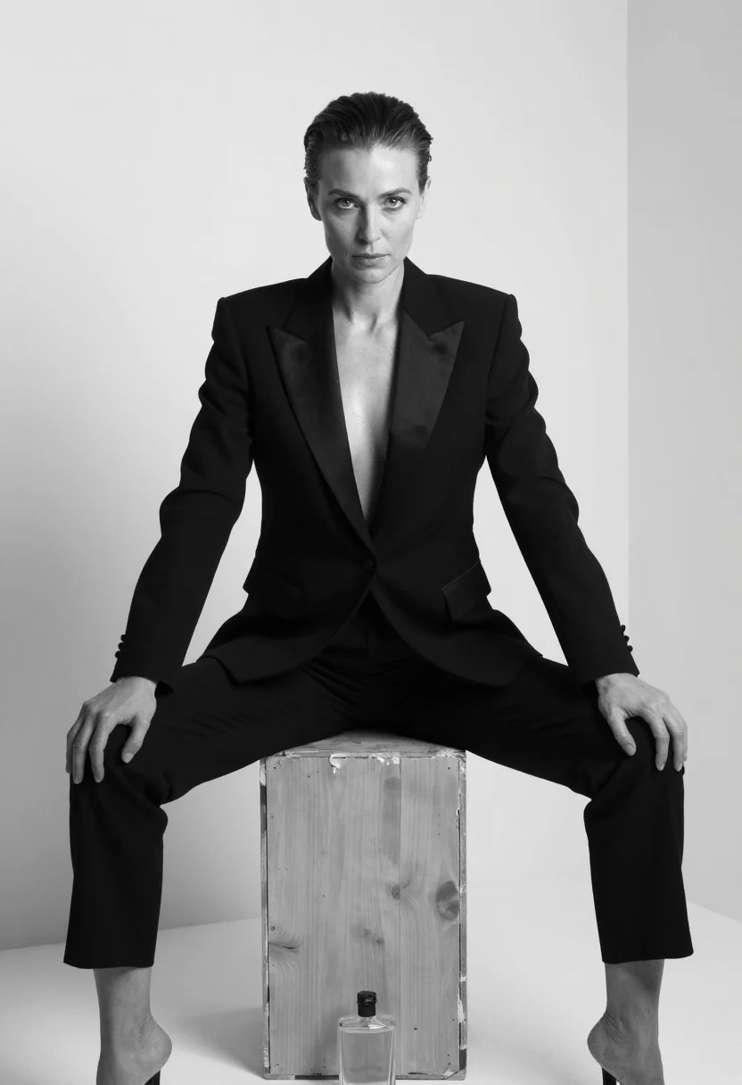 AI perfume campaign sample — black-and-white portrait of an adult woman, one frame of the nine-frame set