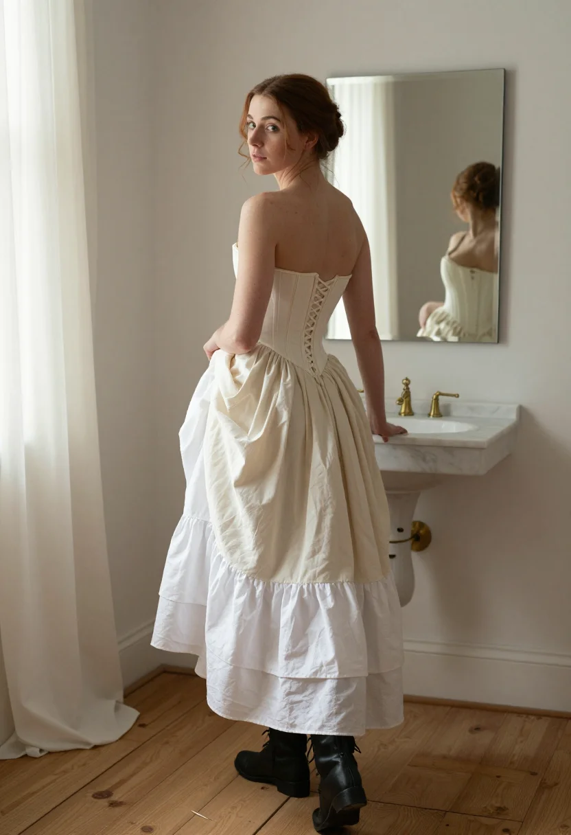 AI petticoat sample — portrait of an adult woman, full-length rear-quarter portrai