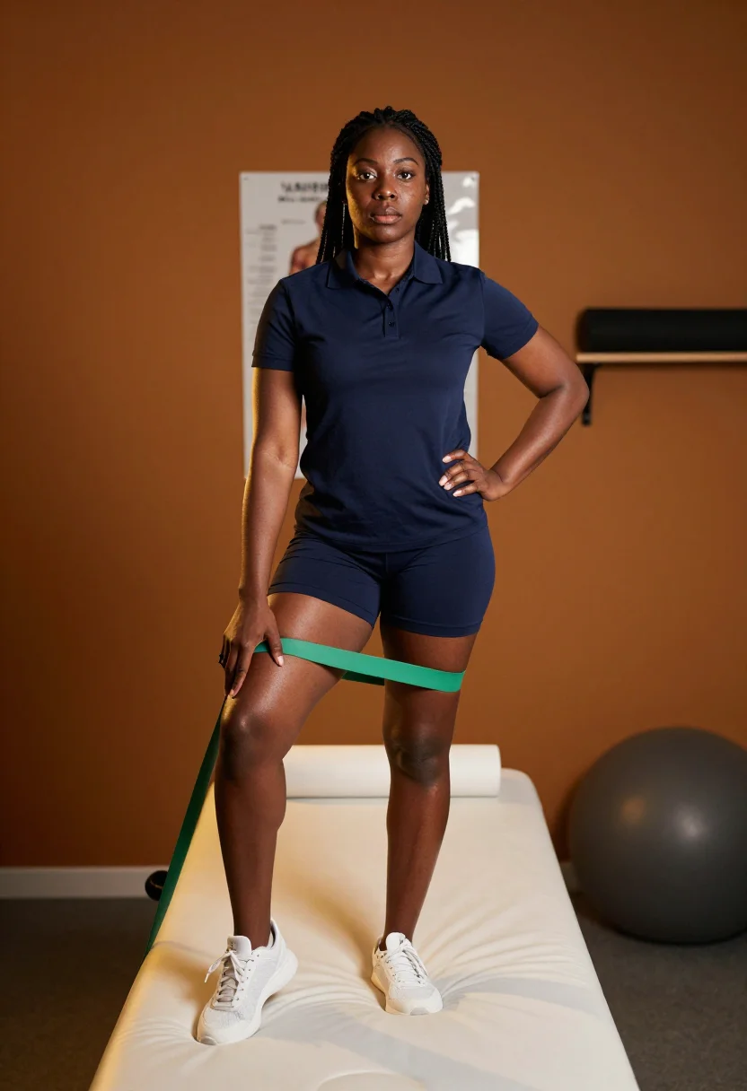 AI physio table sample — portrait of a woman, an adult Black British woman with deep skin, standing by the table in a navy polo and shorts