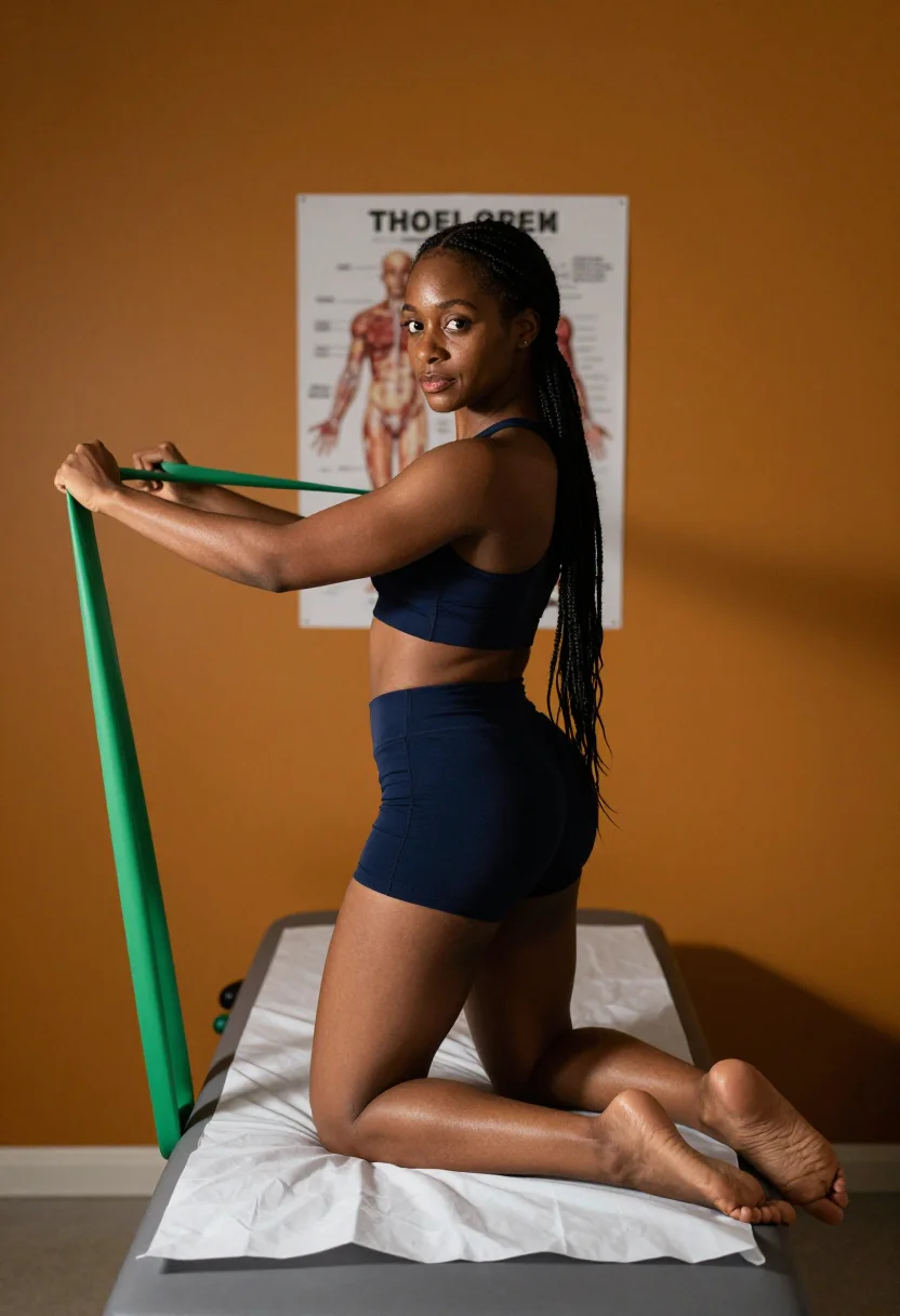 AI physio table sample — portrait of a woman, an adult Black British woman with deep skin, kneeling on the table in a sports top