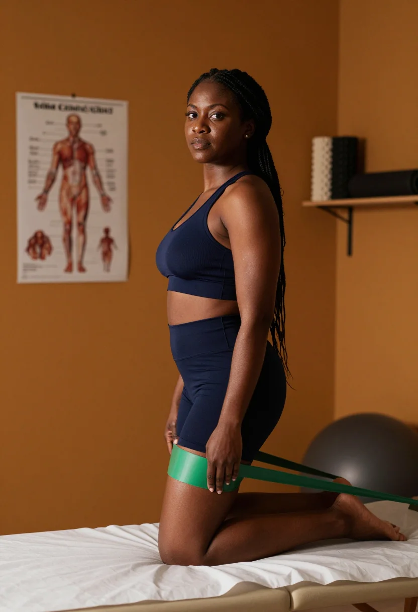AI physio table sample — portrait of a woman, an adult Black British woman with deep skin, rear portrait on the table