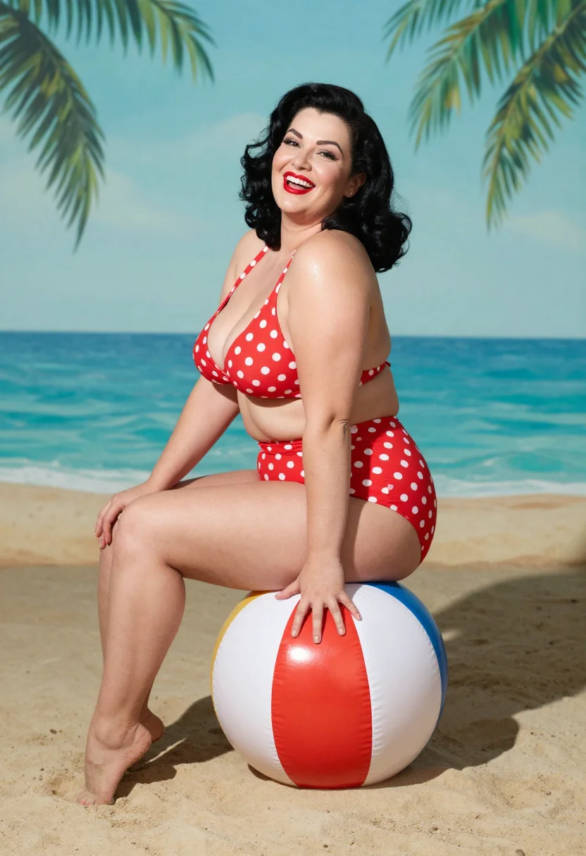 AI pinup 1955 plus sample — photograph of a woman, full-length side-view photograph by the painted sea