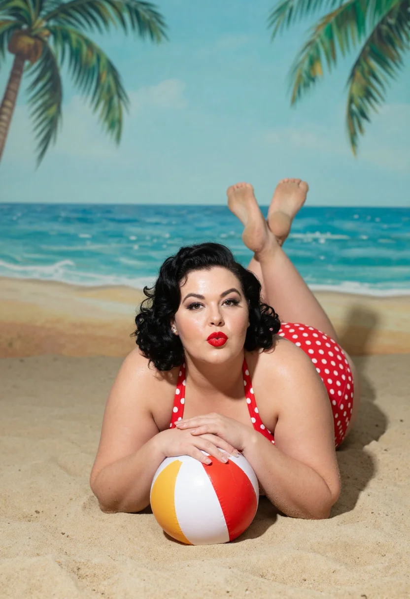AI pinup 1955 plus sample — photograph of a woman, full-length photograph of a full-figured model on the set