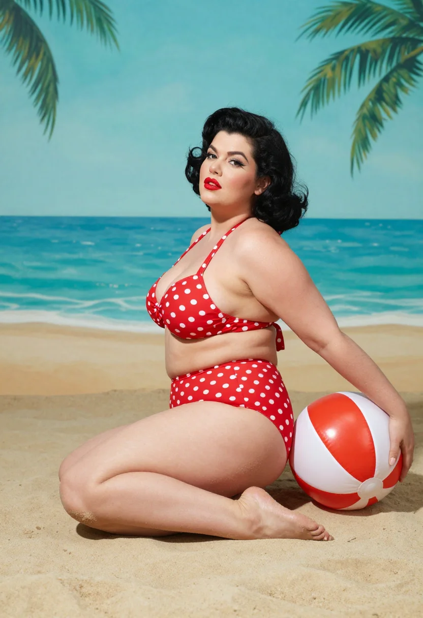 AI pinup 1955 plus sample — photograph of a woman, full-length three-quarter photograph with the beach ball