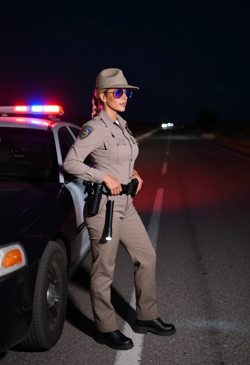 AI police traffic stop sample — portrait of a woman, an adult American woman of about thirty in a rear view on the empty highway