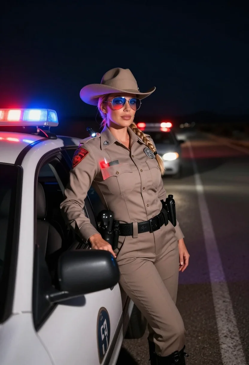 AI police traffic stop sample — portrait of a woman, an adult American woman of about thirty in side profile by the patrol car