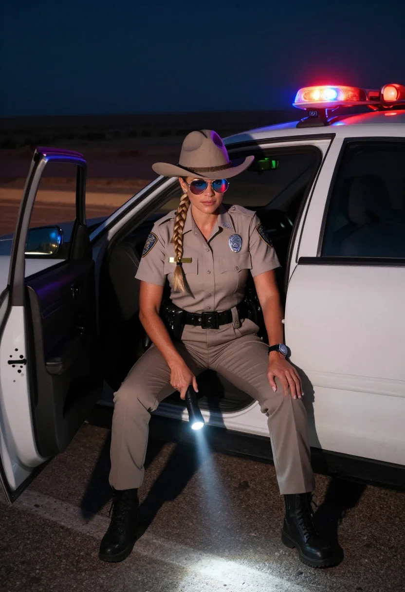AI police traffic stop sample — portrait of a woman, an adult American woman of about thirty with a flashlight at a driver's window