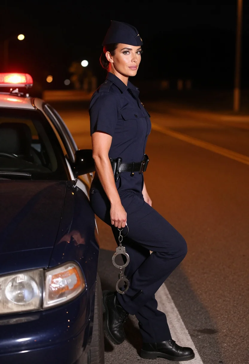 AI policewoman sample — portrait of an adult woman, full-length portrait of an Australian woman by a patrol car in profile