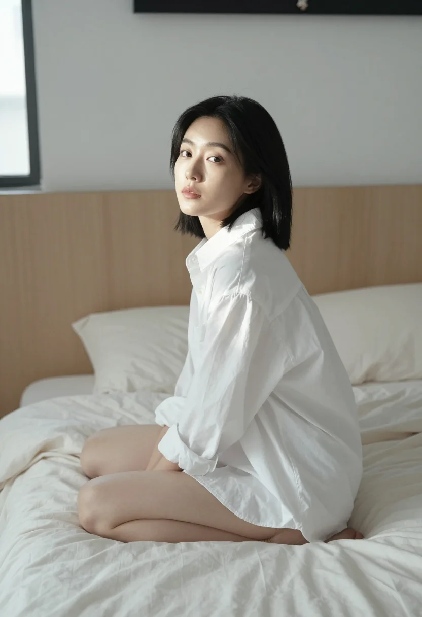 AI pov boyfriend sample — portrait of a woman, three-quarter-length side portrait of an adult woman reaching up for the phone in a man's shirt