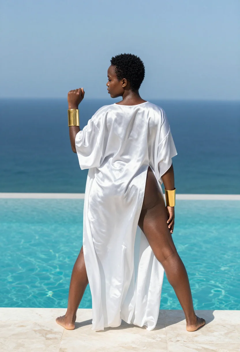 AI private island sample — portrait of a woman, full-length rear portrait of an adult woman at the pool edge