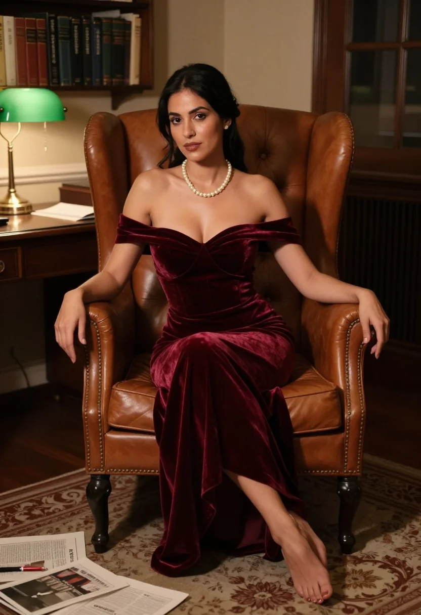 AI professors wife sample — portrait of an adult woman, full-length portrait of a Greek woman on the chesterfield in the green lamplight