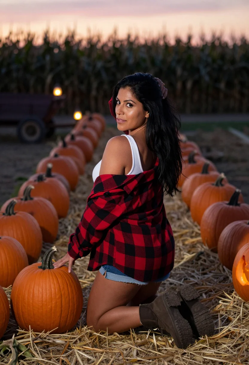 AI pumpkin patch sample — portrait of an adult woman, three-quarter rear, the rows of pumpkins running to the corn