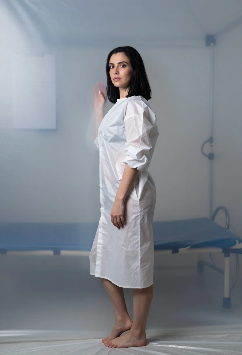 AI quarantine intake sample — portrait of a woman, a Western-European woman in her late twenties, three-quarter view in a paper gown tied at the front