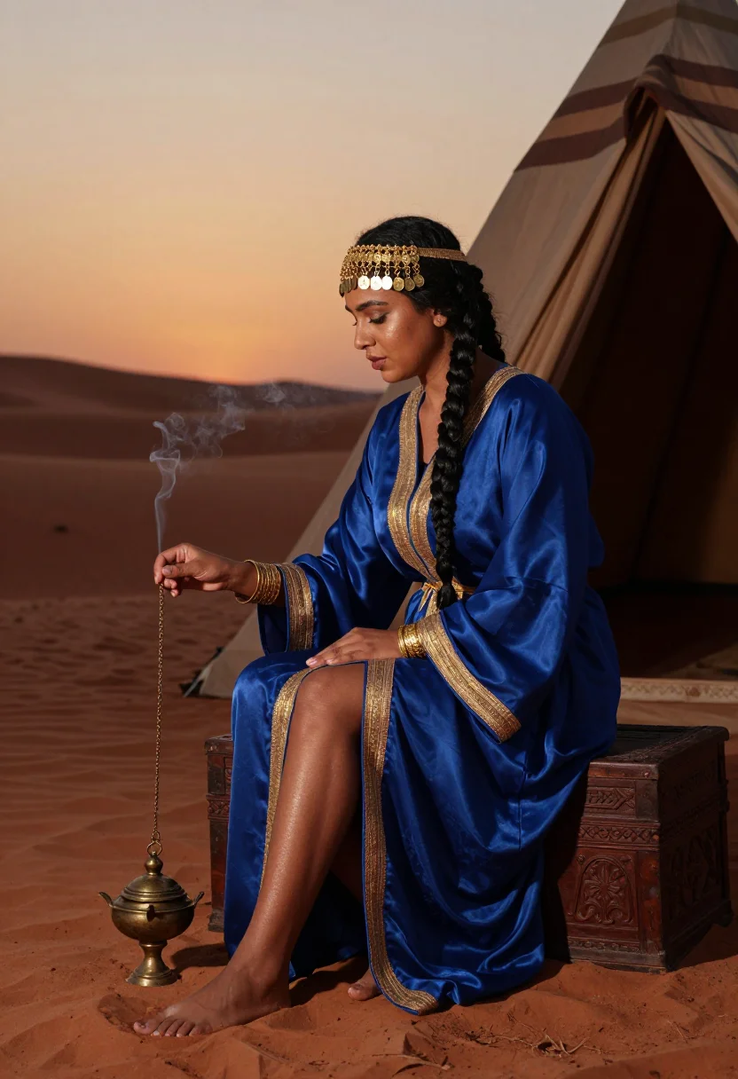 AI queen of sheba sample — portrait of a woman, three-quarter-length side view of a grown Yemeni woman in the indigo robe