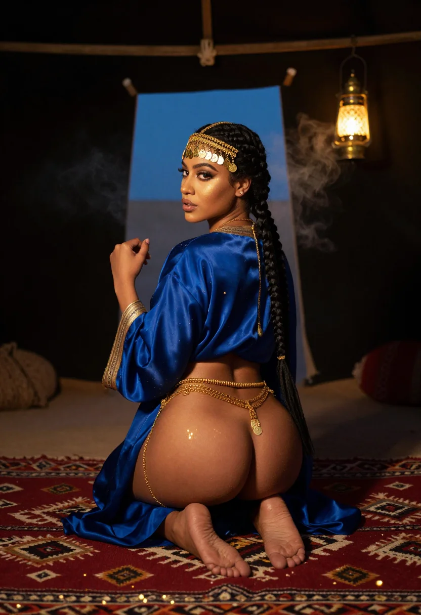 AI queen of sheba sample — portrait of a woman, three-quarter-length rear view of a grown Yemeni woman in the smoke