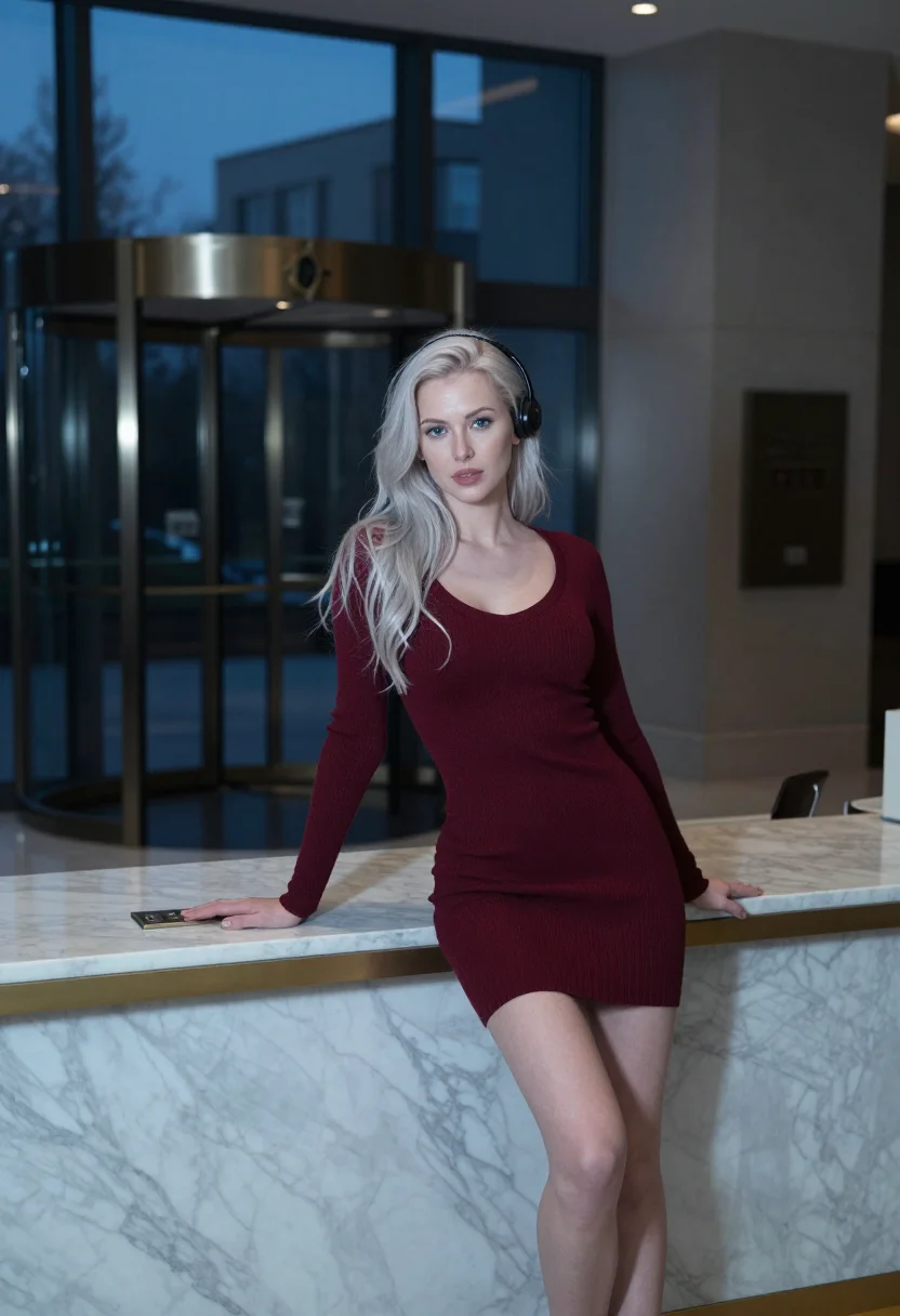 AI receptionist sample — portrait of an adult woman, three-quarter-length portrait at the front desk in a fitted knit dress