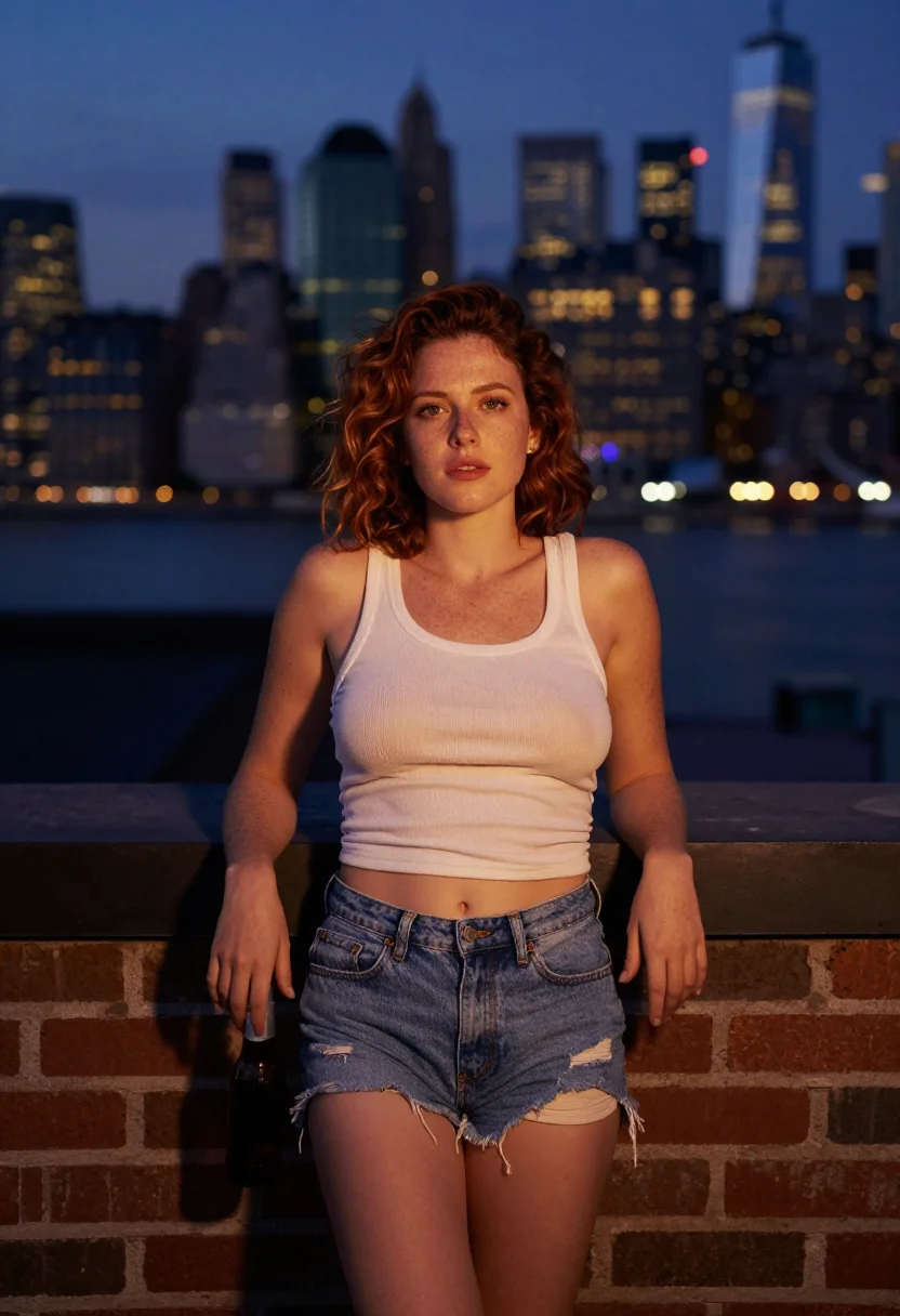 AI redhead brooklyn rooftop sample — portrait of a woman, an American woman of thirty-two with fair skin from the rear