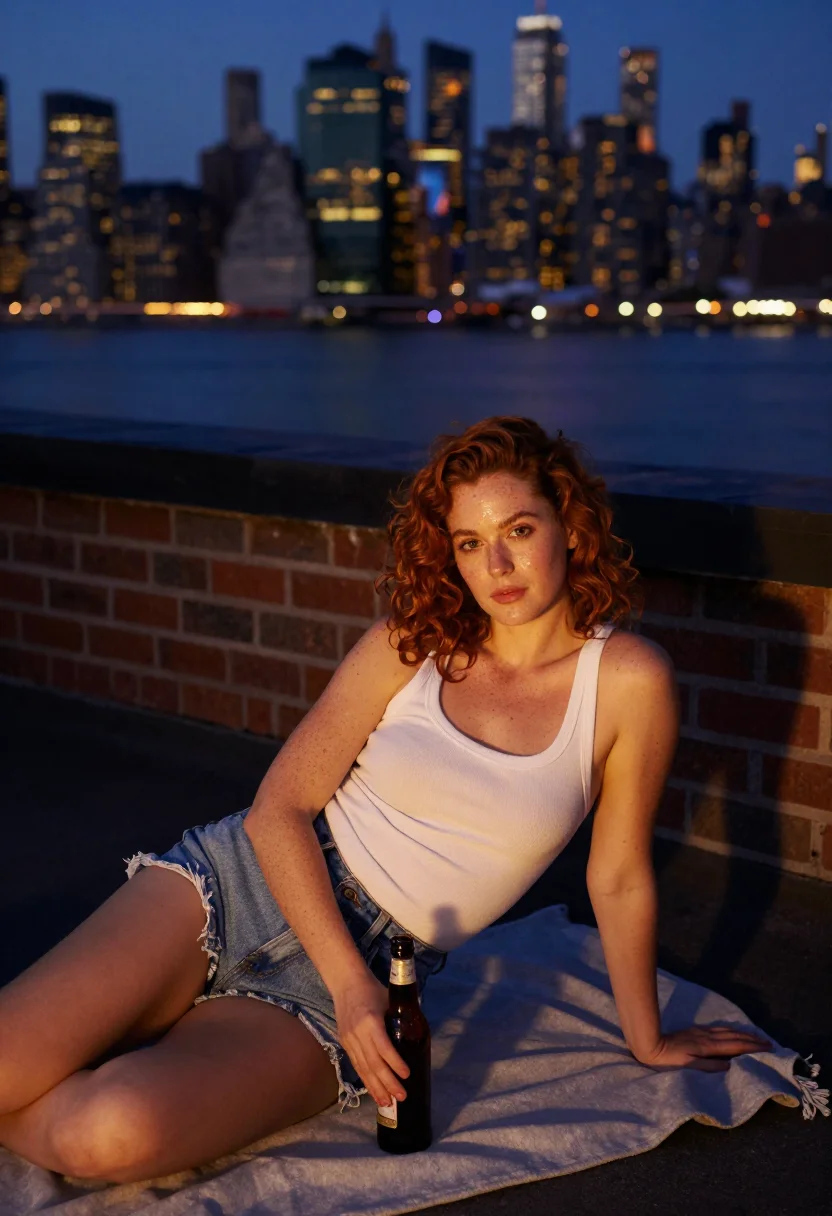AI redhead brooklyn rooftop sample — portrait of a woman, an American woman of thirty-two with fair skin at the parapet