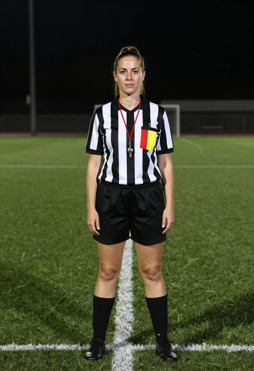 AI referee sample — portrait of a woman, full-length three-quarter portrait of a grown woman in a striped referee shirt on the centre spot