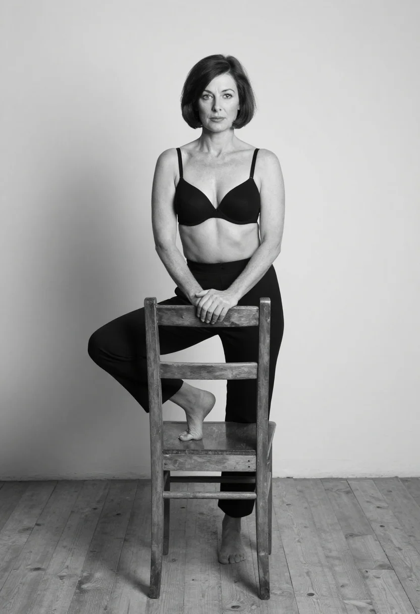 AI reversed chair sample — portrait of a woman, full-length black and white three-quart