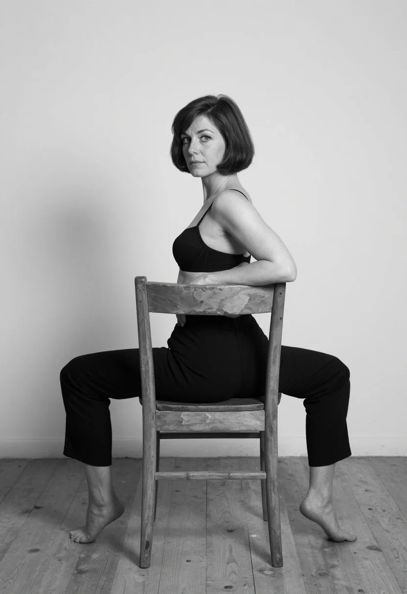 AI reversed chair sample — portrait of a woman, full-length black and white side-profil