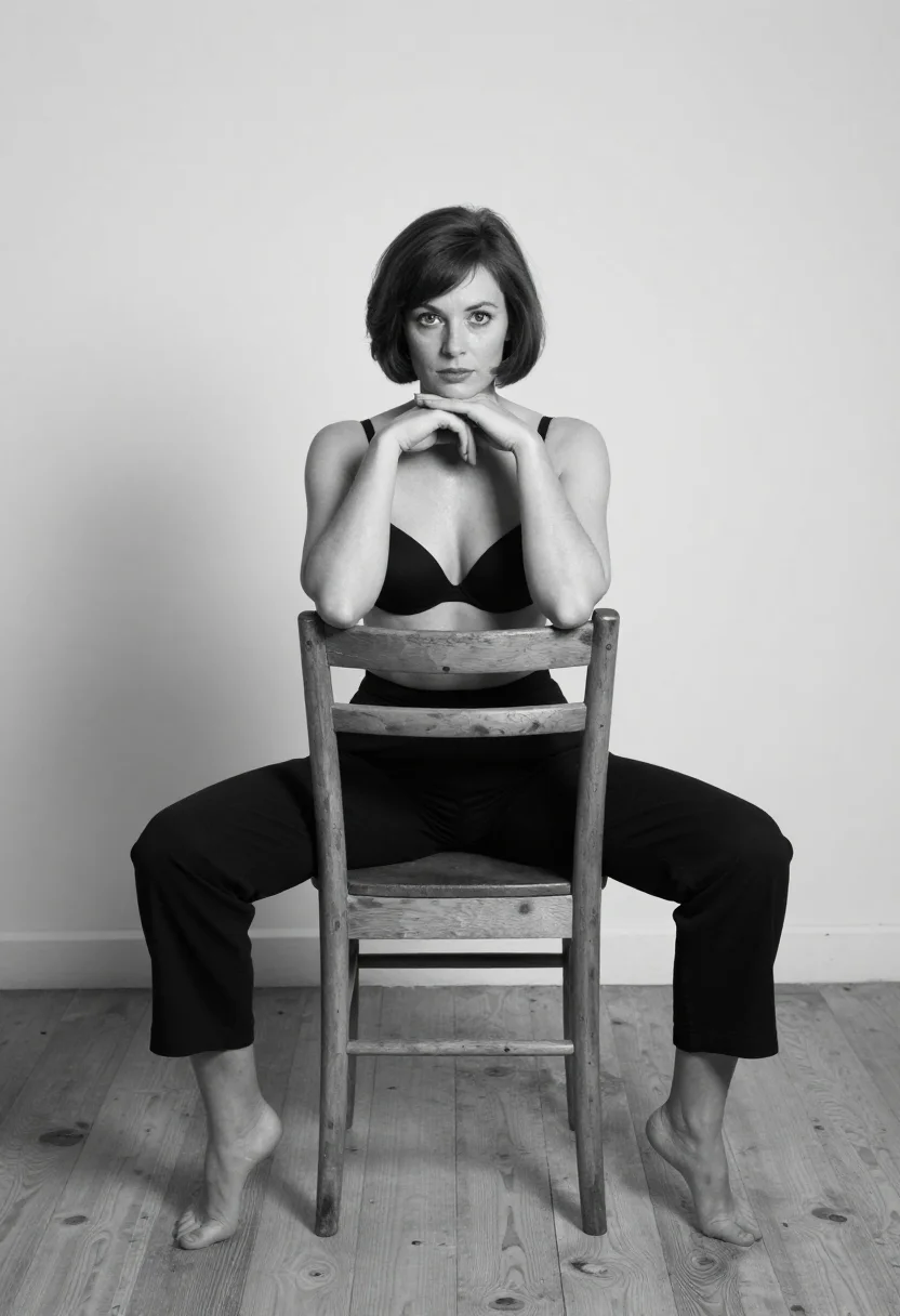AI reversed chair sample — portrait of a woman, full-length black and white portrait of
