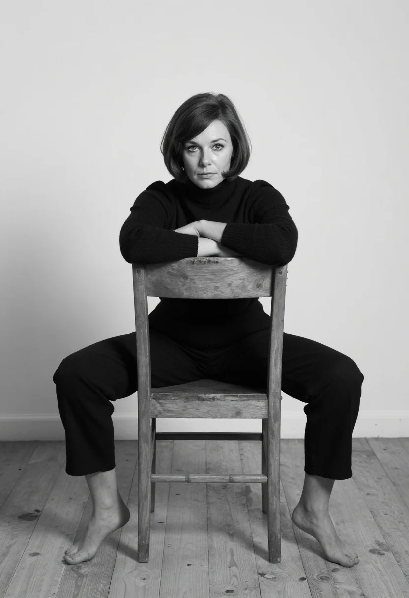 AI reversed chair sample — portrait of a woman, full-length black and white portrait of