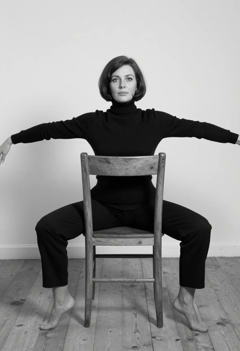 AI reversed chair sample — portrait of a woman, black and white three-quarter-length po