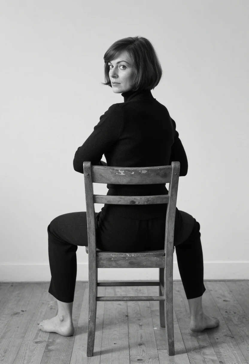 AI reversed chair sample — portrait of a woman, full-length black and white three-quart