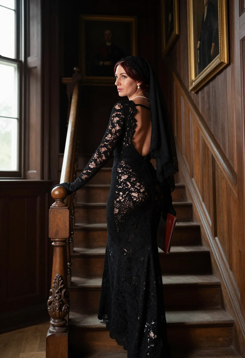 AI rich widow sample — portrait of an adult woman, three-quarter-length rear portrait on the stair, gloved hand on the banister