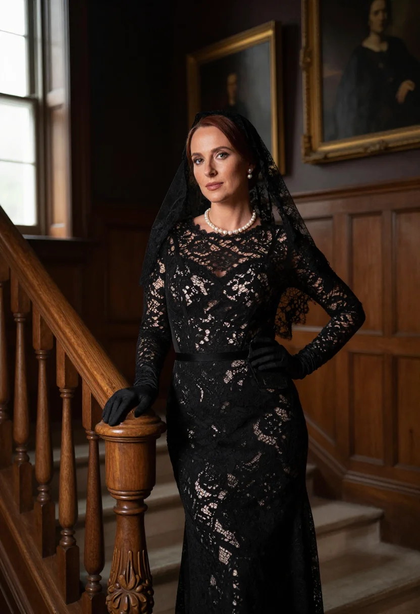 AI rich widow sample — portrait of an adult woman, three-quarter-length portrait of a widow in black lace on the manor's grand stair