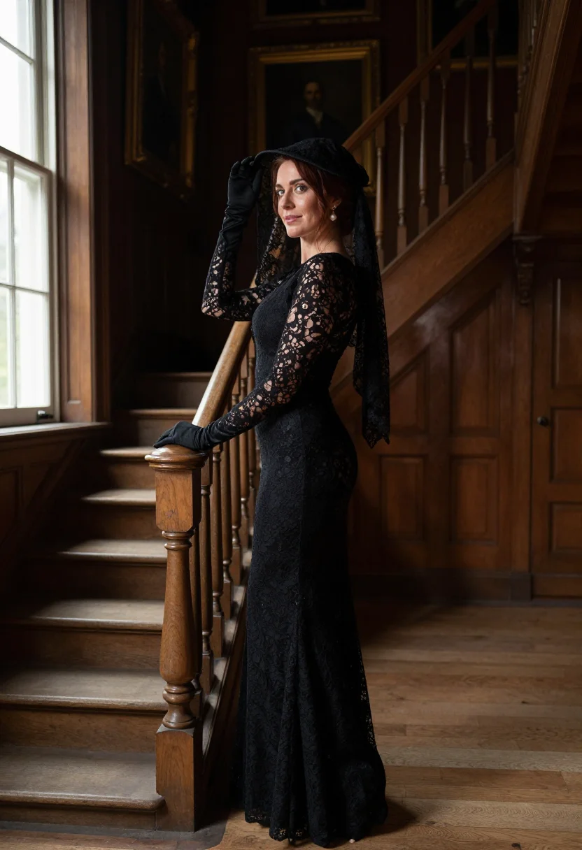 AI rich widow sample — portrait of an adult woman, full-length side-profile portrait on the grand stair with the veil lifted