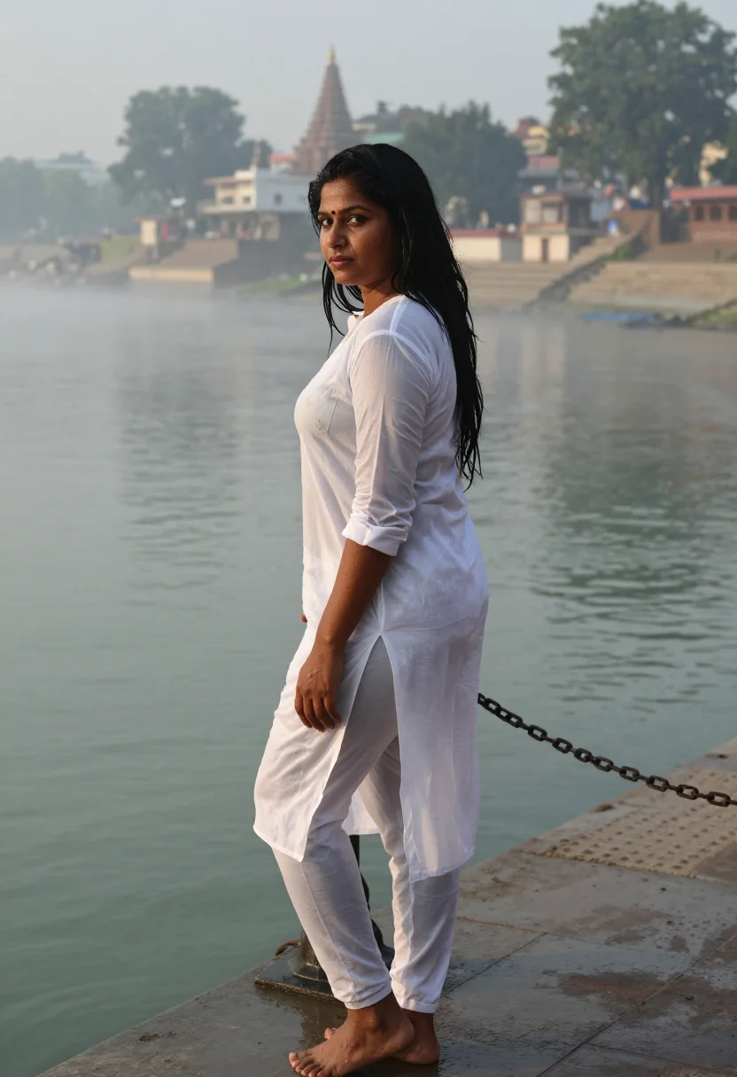 AI rishikesh ashram sample — full-length portrait of an adult woman, one frame of the nine-frame set