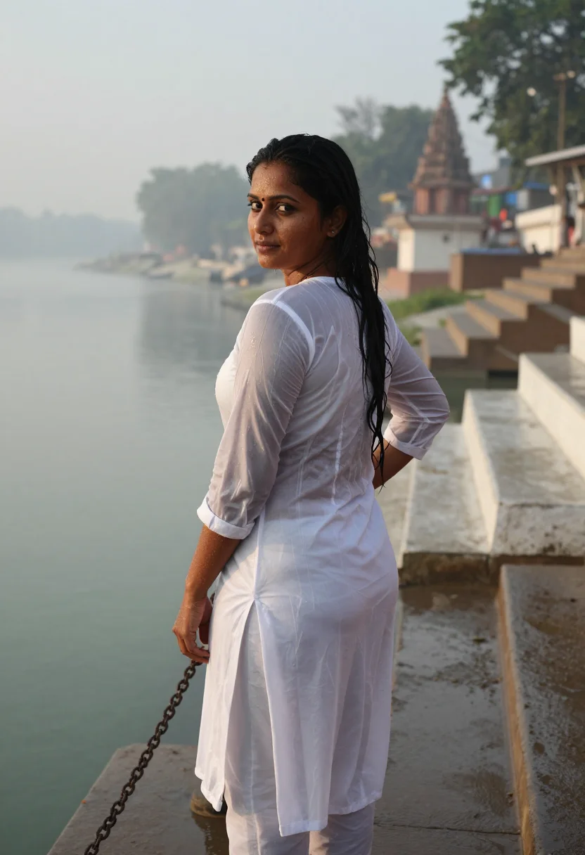 AI rishikesh ashram sample — three-quarter portrait of an adult woman, one frame of the nine-frame set