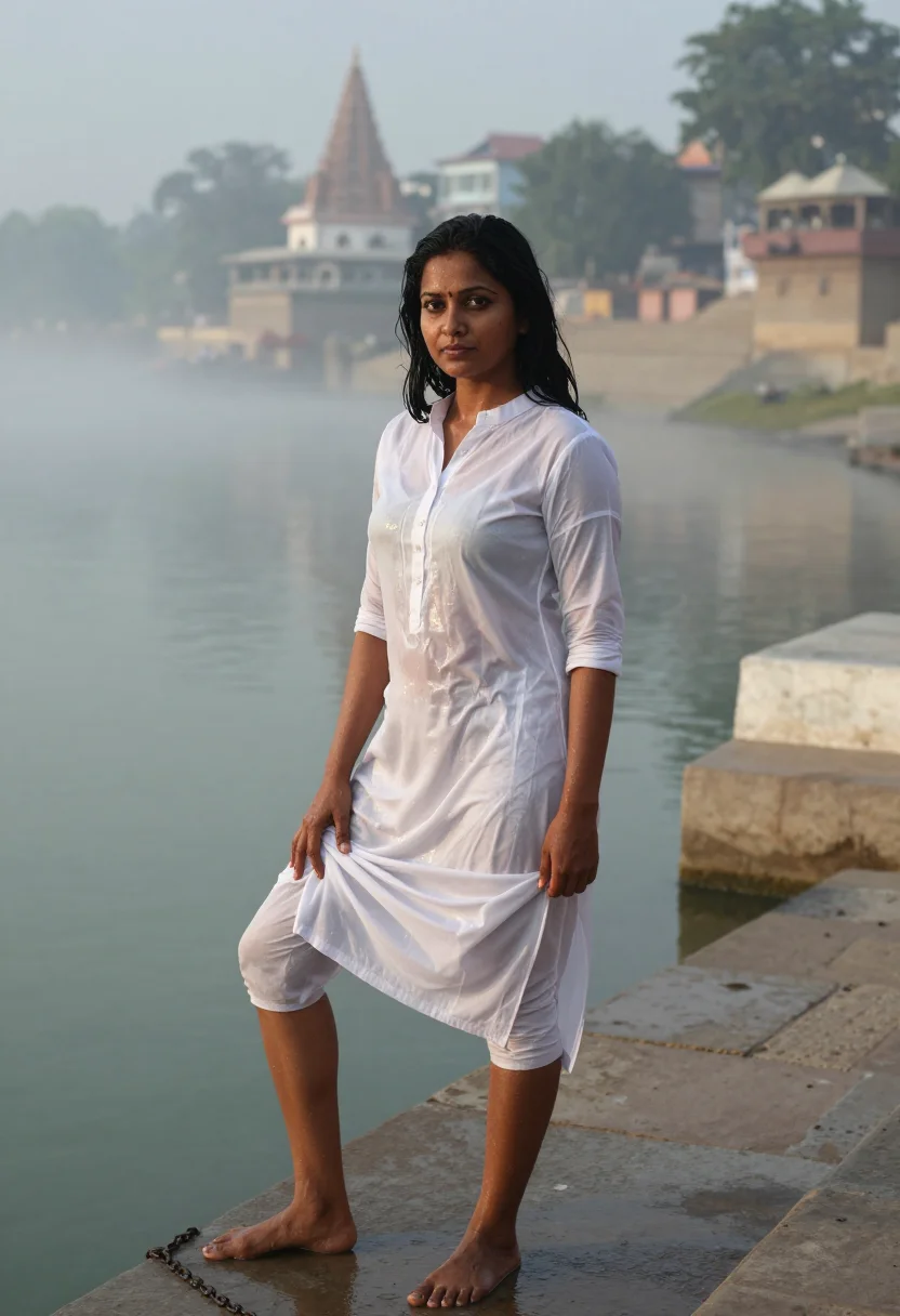 AI rishikesh ashram sample — full-length portrait of an adult woman, one frame of the nine-frame set