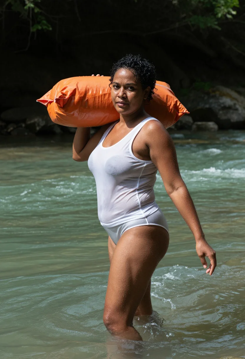 AI river crossing sample — portrait of an adult woman, full side-profile mid-ford, water at her waist, jaw set
