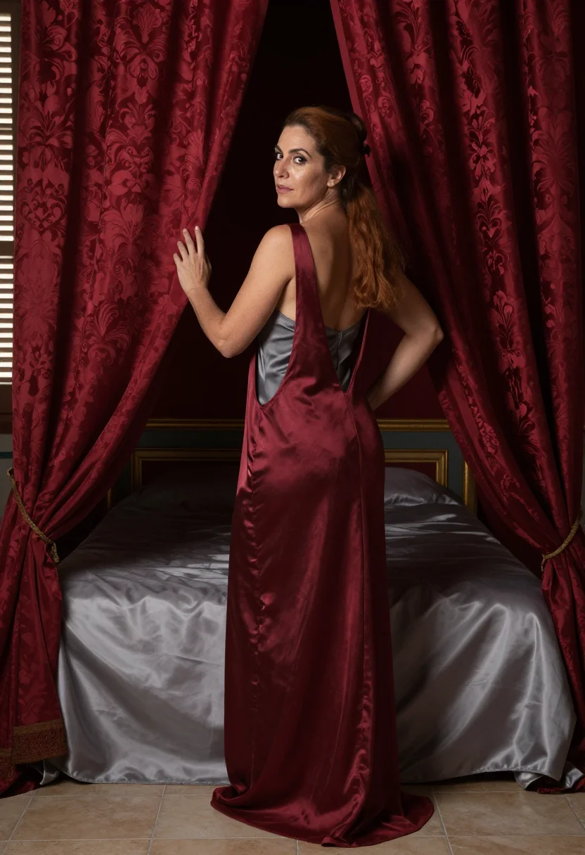 AI rokeby venus sample — portrait of a woman, full-length three-quarter rear portrait of an adult woman in the grey chemise, the mirror at the foot of the bed.