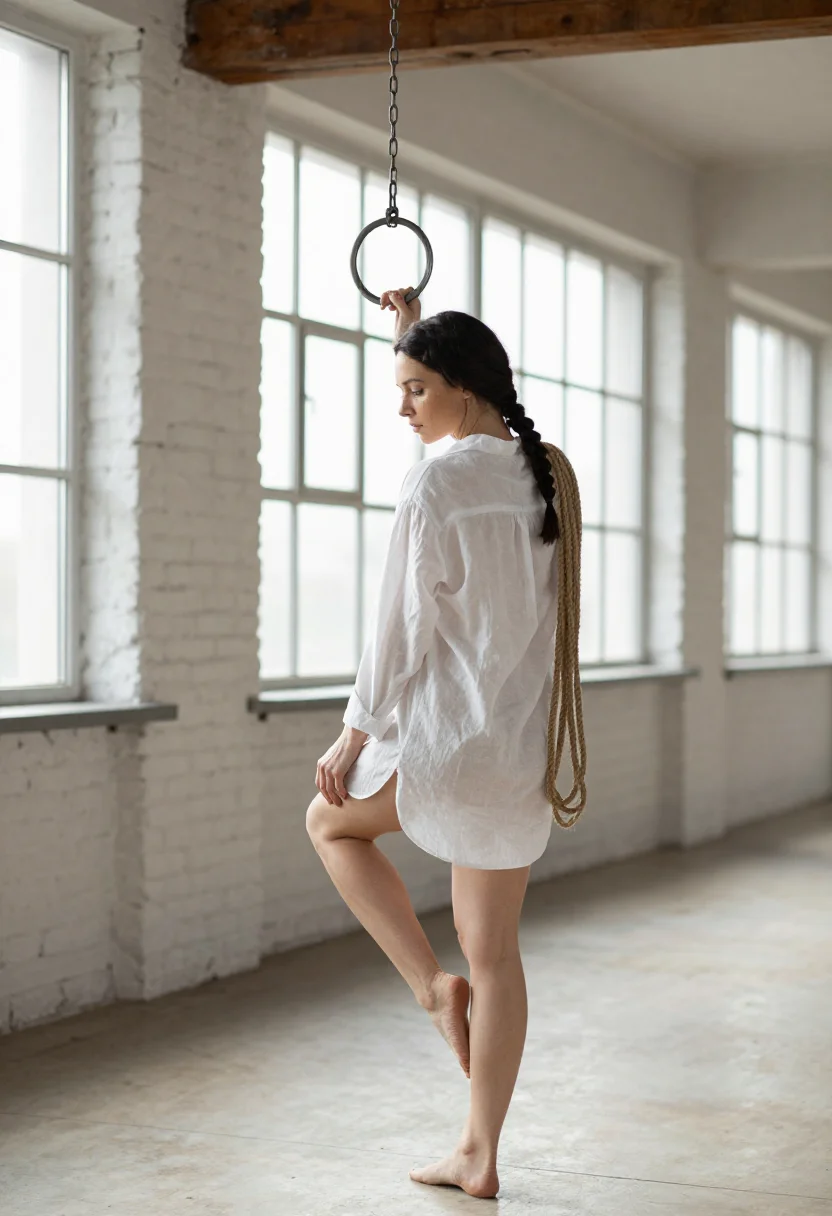 AI rope suspension loft sample — portrait of a woman, an adult Czech woman in her early thirties, with the jute over one shoulder