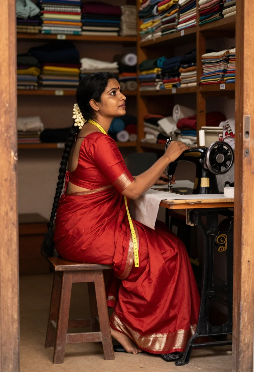 AI saree blouse tailor sample — portrait of a woman, full-length side view at the black treadle sewing machine