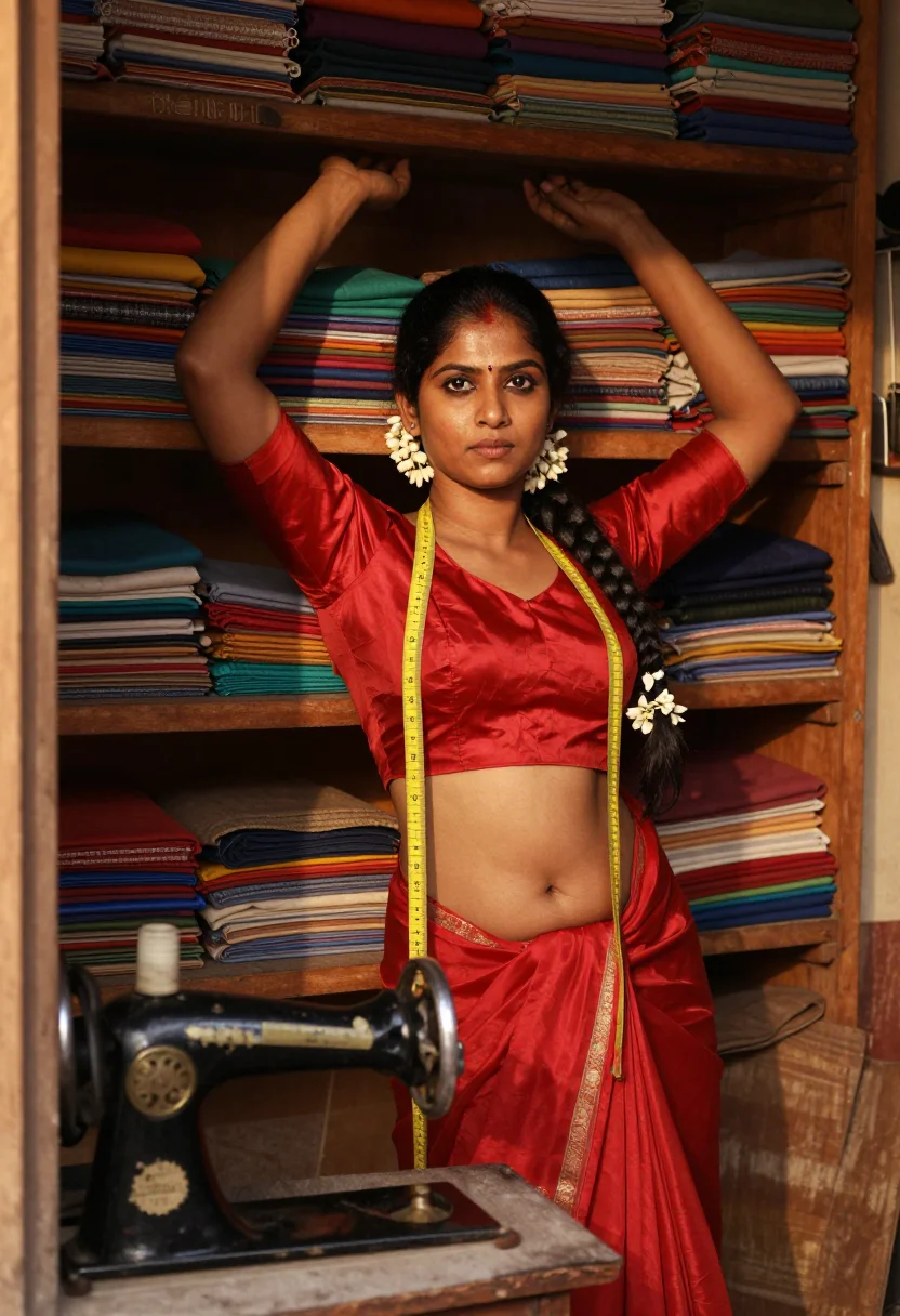 AI saree blouse tailor sample — portrait of a woman, three-quarter-length frontal view with the yellow tape at her neck