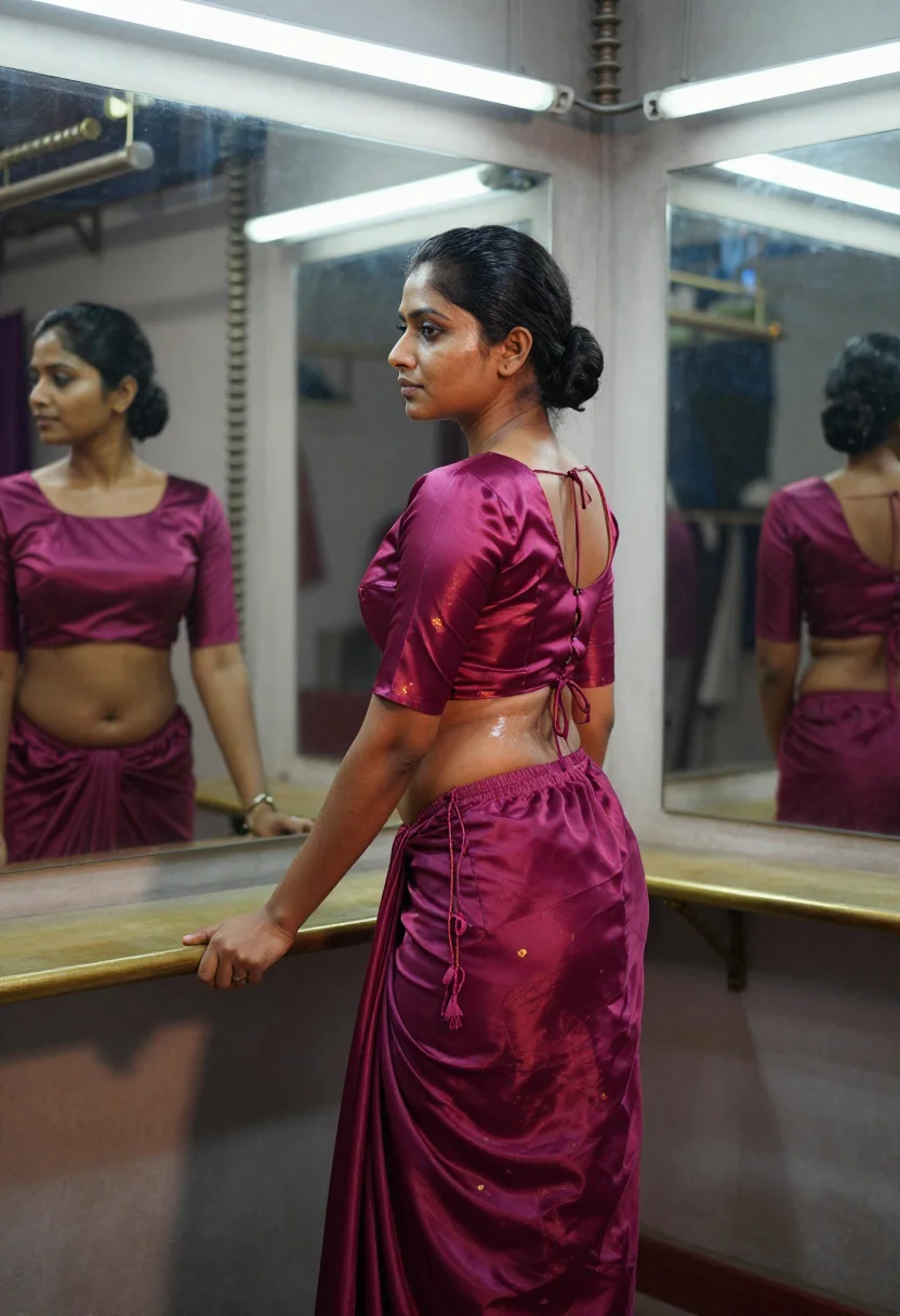 AI sari draping sample — photograph of a grown woman, South-Asian, with warm brown sk