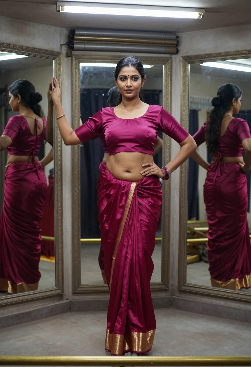 AI sari draping sample — photograph of a grown woman, South-Asian, with warm brown sk