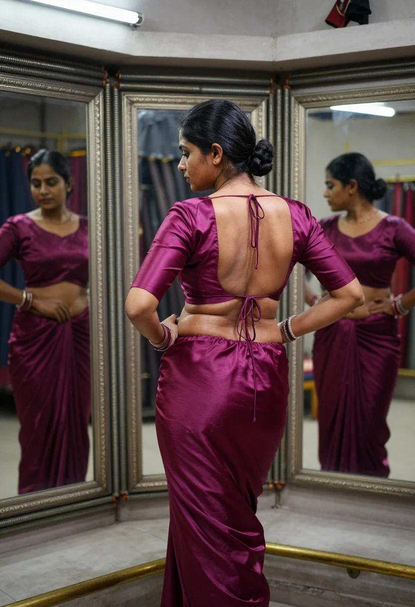 AI sari draping sample — photograph of a grown woman, South-Asian, with warm brown sk