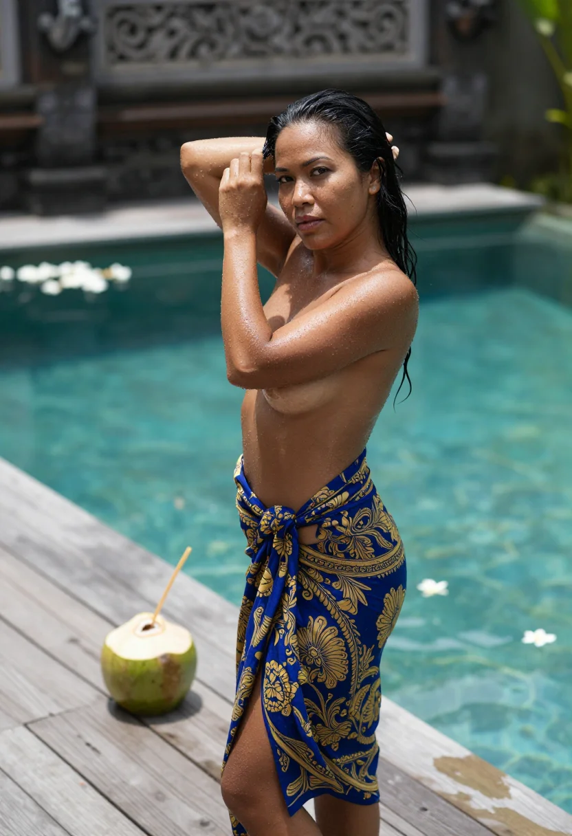 AI sarong knot sample — portrait of an adult woman at a Balinese pool deck, a batik sarong tied in one knot at the hip