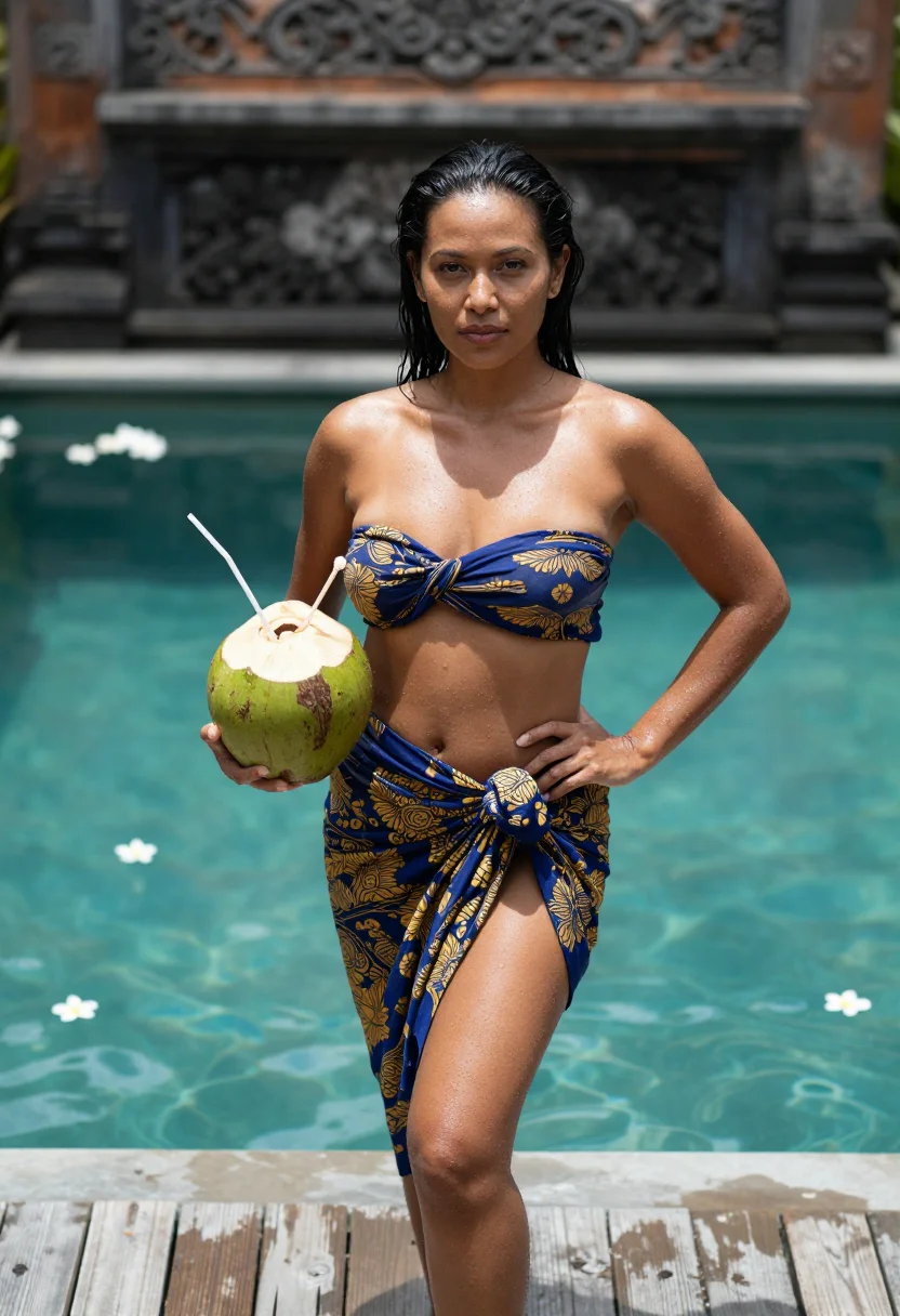 AI sarong knot sample — portrait of an adult woman at a Balinese pool deck, a batik sarong tied in one knot at the hip