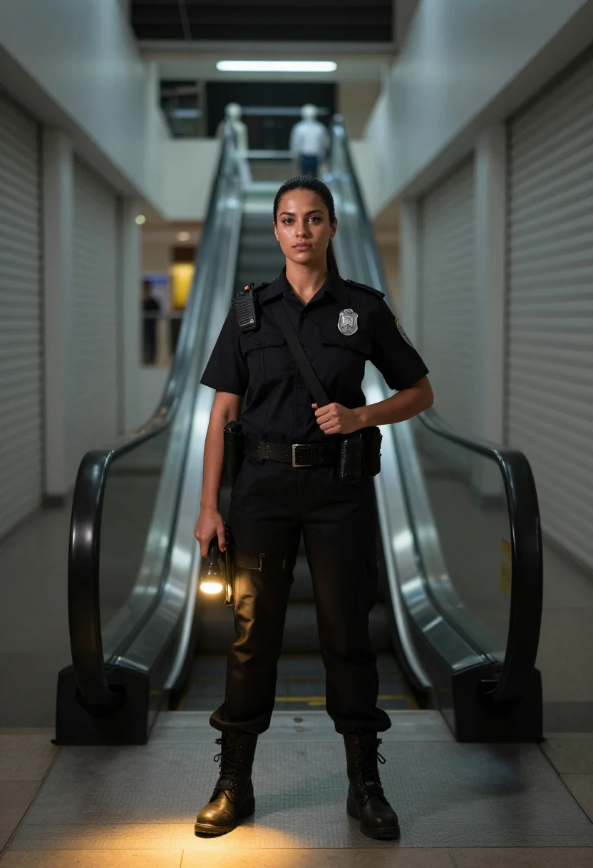 AI security guard sample — portrait of a woman, full-length night photograph of a Western-European woman in a black uniform shirt with a badge