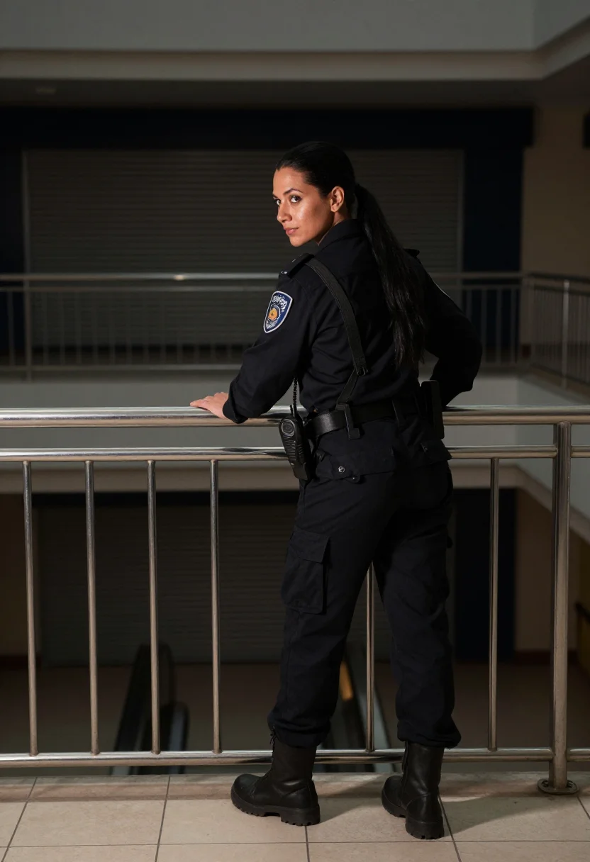 AI security guard sample — portrait of a woman, three-quarter rear photograph of a Western-European woman walking the dead escalators