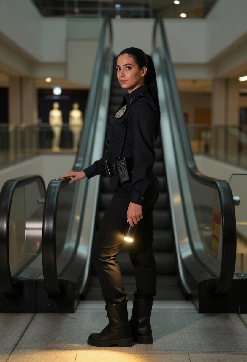AI security guard sample — portrait of a woman, full side-profile photograph of a Western-European woman with the radio on her shoulder strap