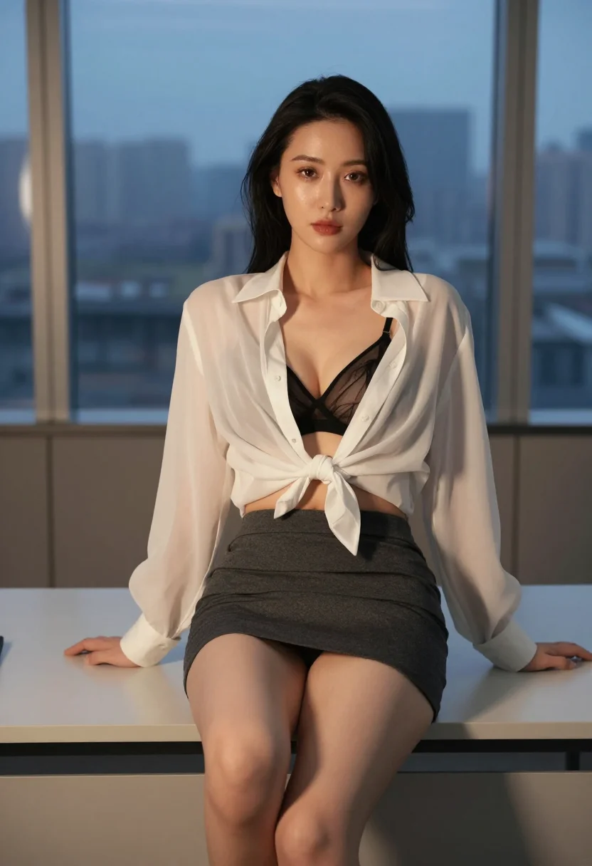 AI sheer blouse office sample — portrait of a woman, seated thigh-up frame of an adult East-Asian woman on the desk's edge, the blouse knotted at the waist