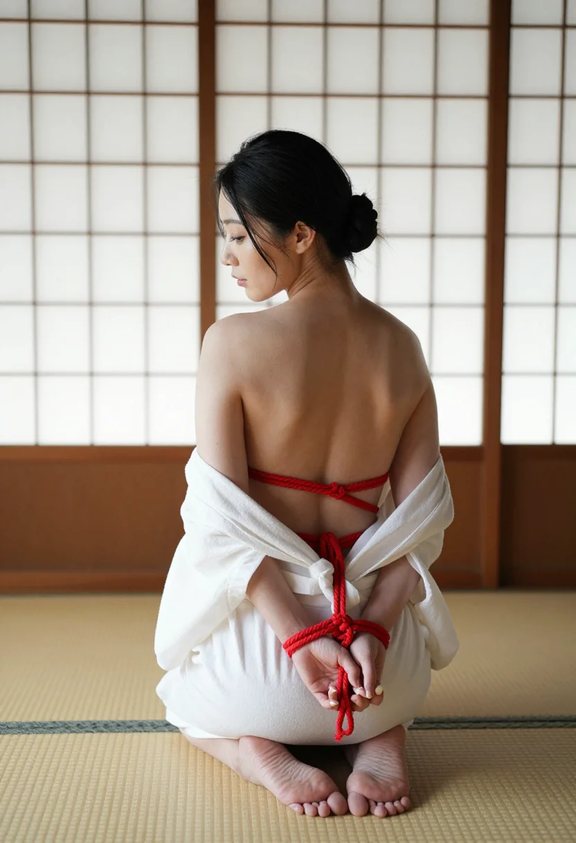 AI shibari tatami sample — portrait of a woman, high three-quarter view with the rope lines across the yukata